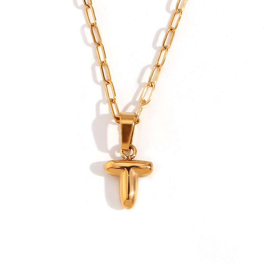 Minimalist Fashion Letter Pendant Necklace in Stainless Steel with 18K Gold Plating, Bubble-Inspired Mini Safety Pin Design for Women