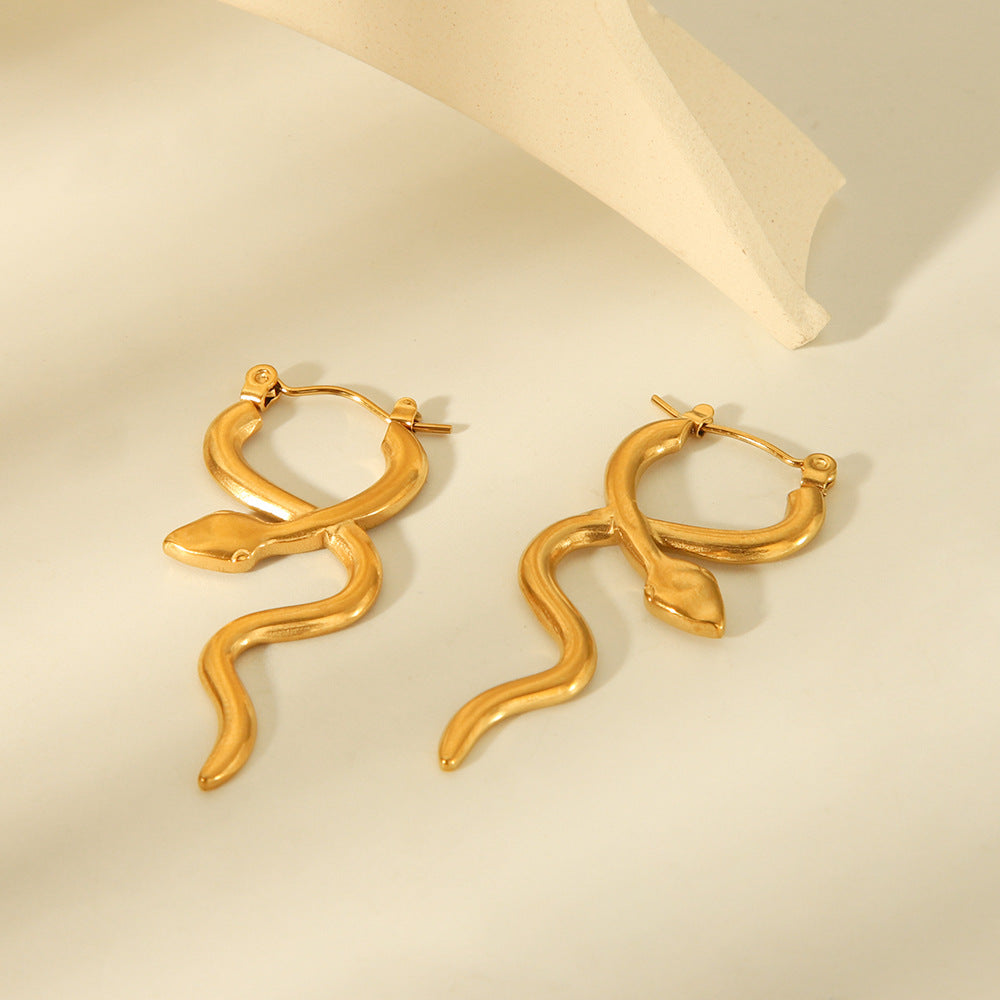 Snake Shape Stainless Steel Earrings with 18K Gold Plating for Women — Geometric, Stylish, Unique, High-End Fashion Ear Cuffs
