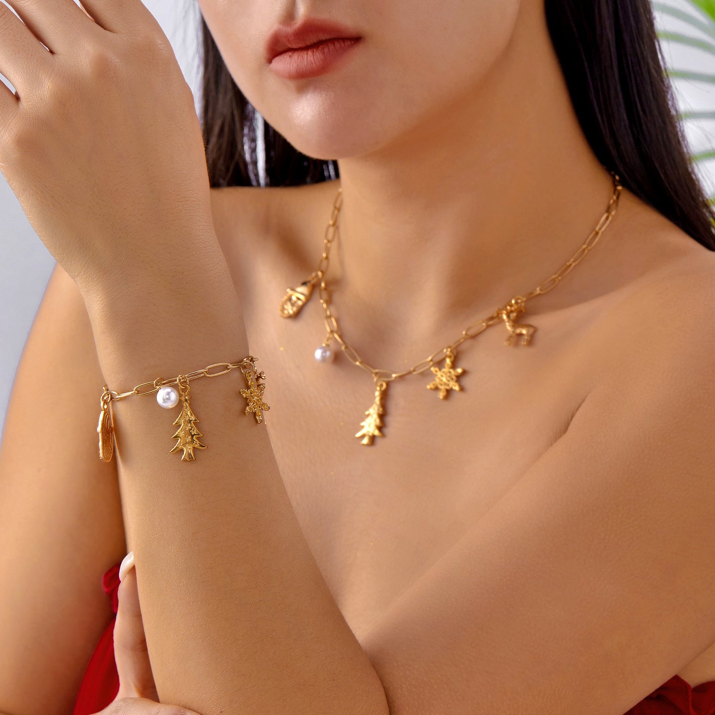 Set bracciale e collana con fiocco di neve e renna per albero di Natale, dolce e audace, in lega placcata oro, gioielli festivi per le vacanze, regalo unisex