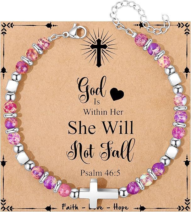 Sweet Geometric Cross Stainless Steel Bracelet with 4mm Amethyst and Amazonite Beads Unisex