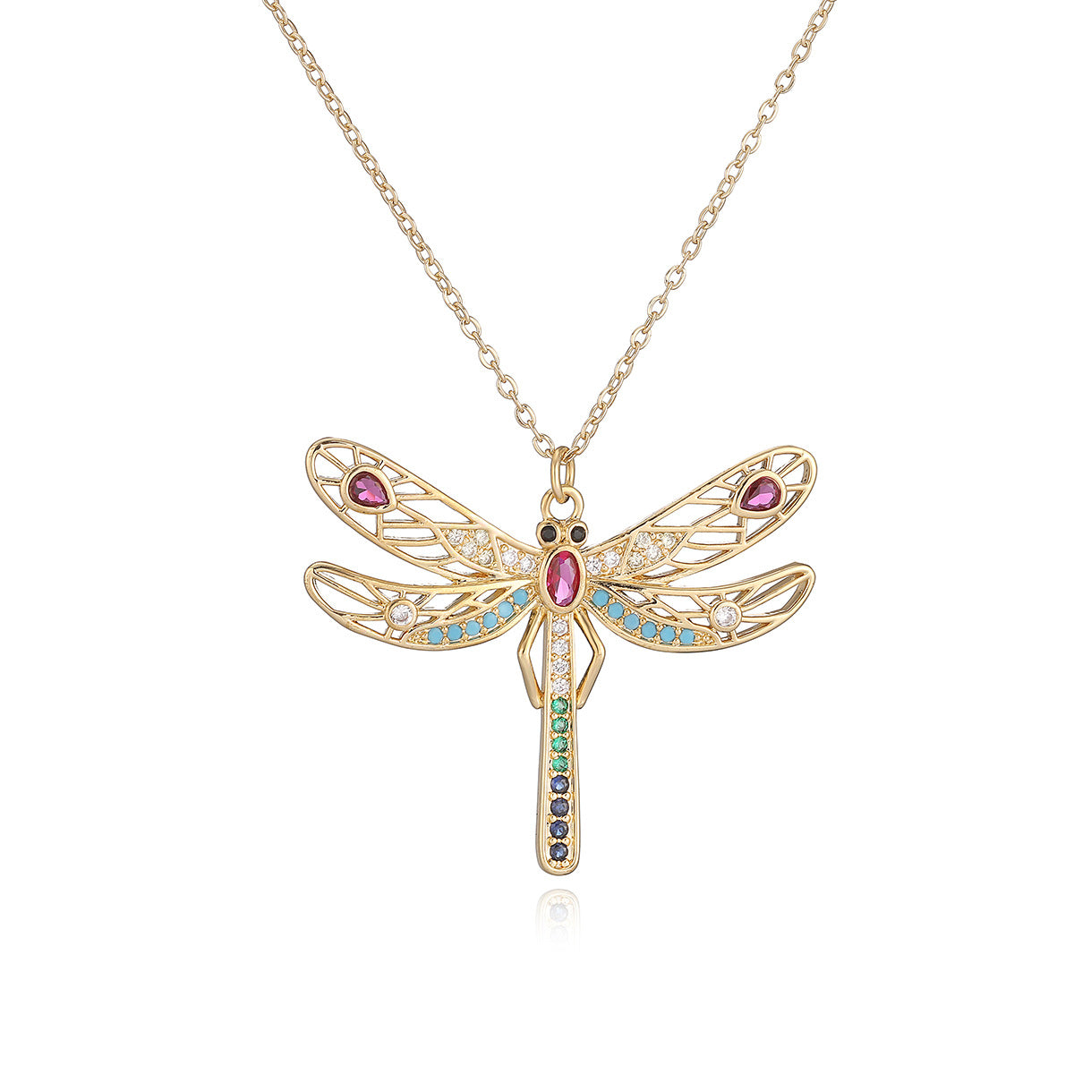 Minimalist 18K Gold Plated Brass Drip Oil Dragonfly Pendant Necklace with Cubic Zirconia for Women