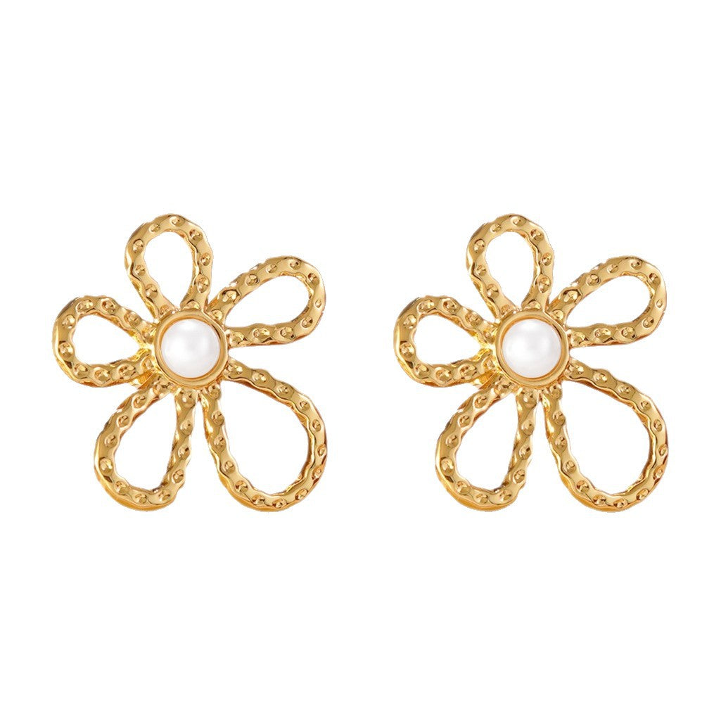 Luxury Stainless Steel Stamped Floral Stud Earrings for Women