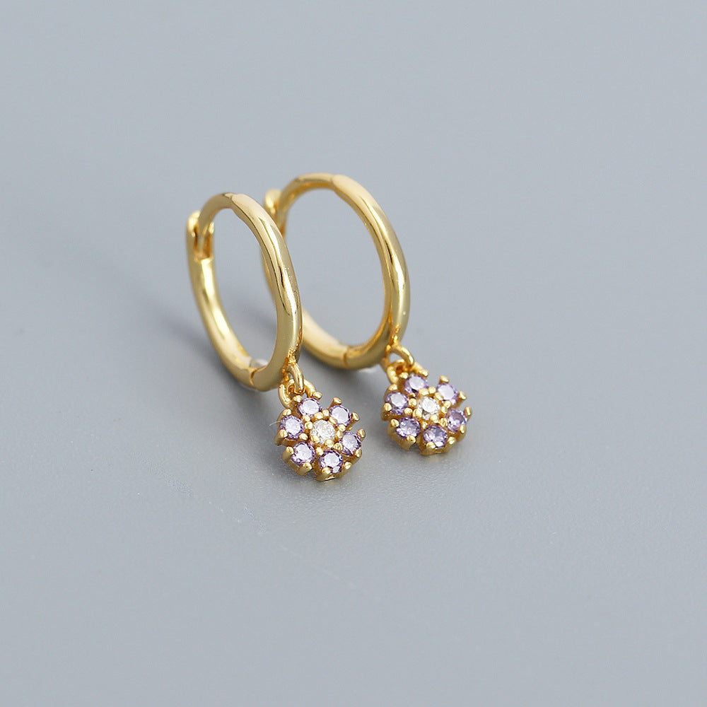 Minimalist Floral Geometric Earrings in 925 Sterling Silver with Blue Zircon Inlay