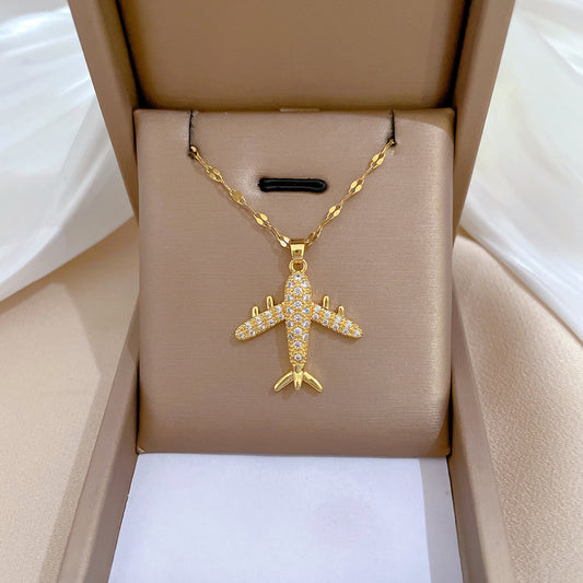 Collar con colgante de avión de combate de lujo con diamantes de imitación para mujer y hombre, cadena de eslabones geométrica de acero de titanio con motivo de luna
