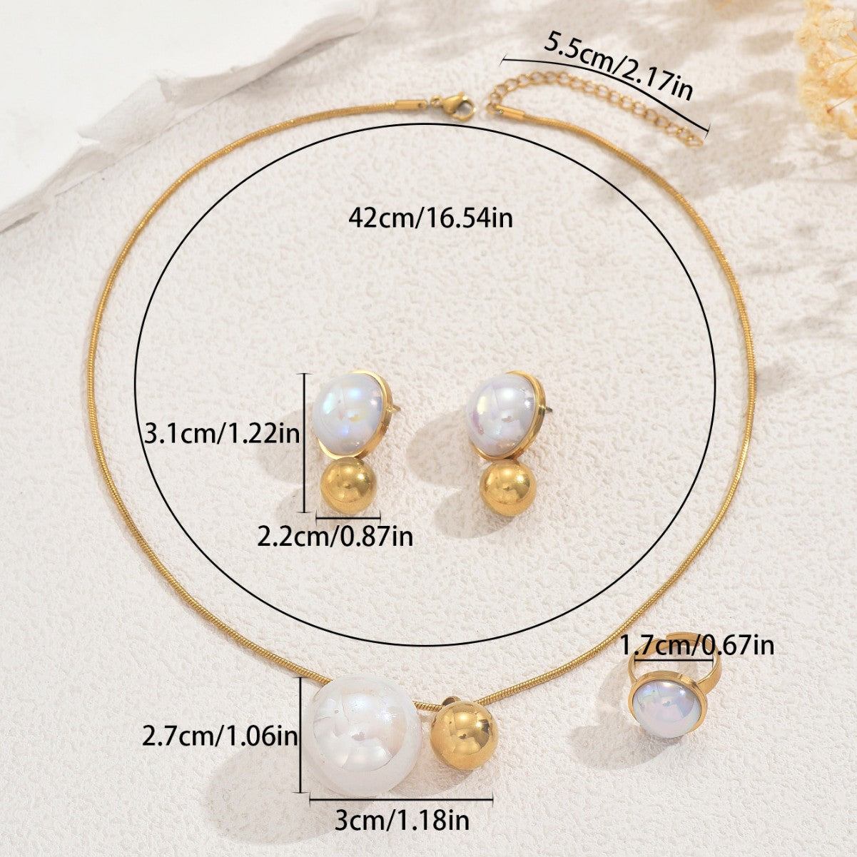 Conjunto de collar, pendientes y anillo de moda geométrica para mujer con incrustaciones de perlas, joyería de cobre, guardapelo y cadena