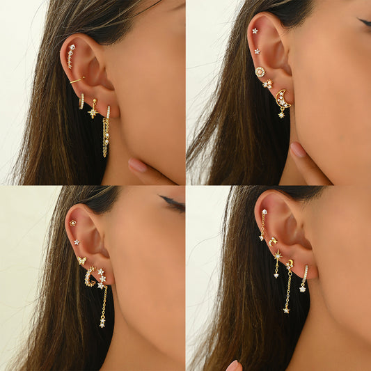Pendientes de Cobre Minimalistas en Forma de Estrella con Incrustaciones de Circonita para Mujer, Set de Pendientes Geométricos Celestiales