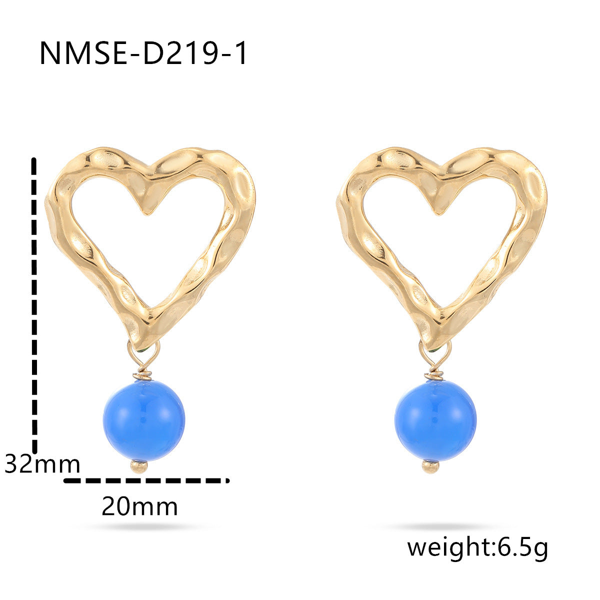 Fashionable Irregular Hollow Heart-Shaped Titanium Steel Earrings with Blue Agate Inlay and 18K Gold Plating for Women