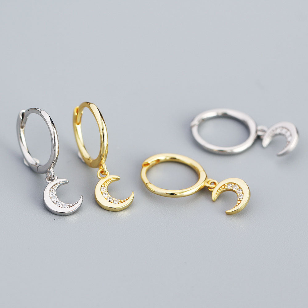 Minimalist Moon-Shaped S925 Sterling Silver Stud Earrings with Rhinestone Inlay for Women