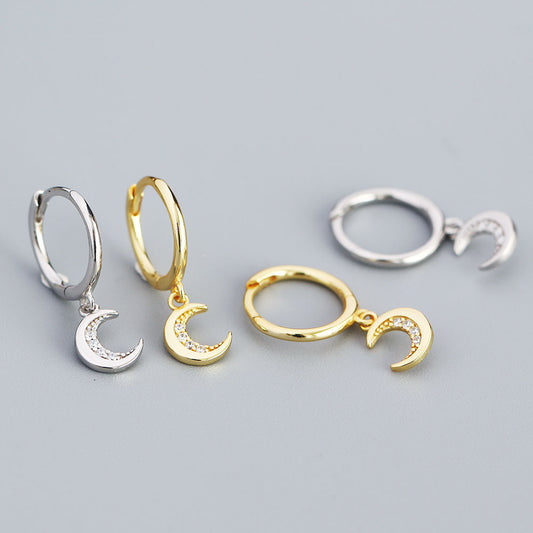 Minimalist Moon-Shaped S925 Sterling Silver Stud Earrings with Rhinestone Inlay for Women