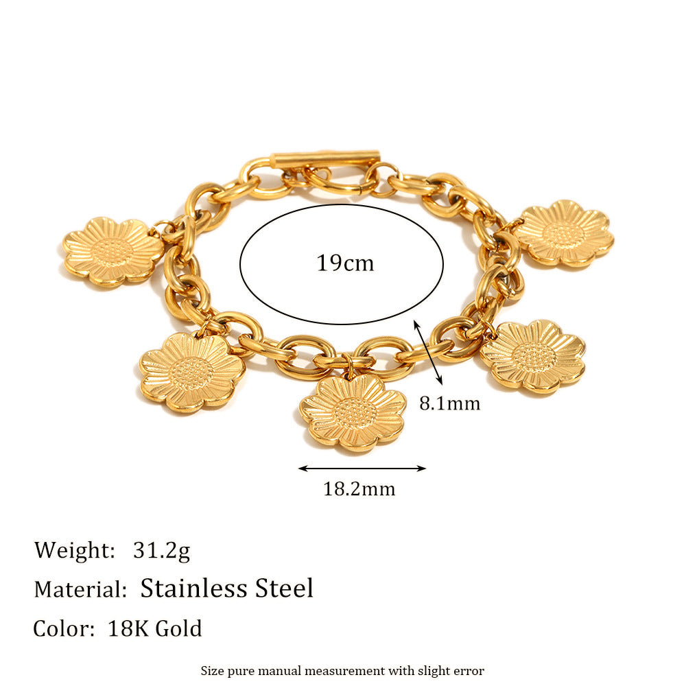 Collana con pendente floreale e bracciale da donna, in acciaio inossidabile con placcatura in oro 18 carati, design a catena a O
