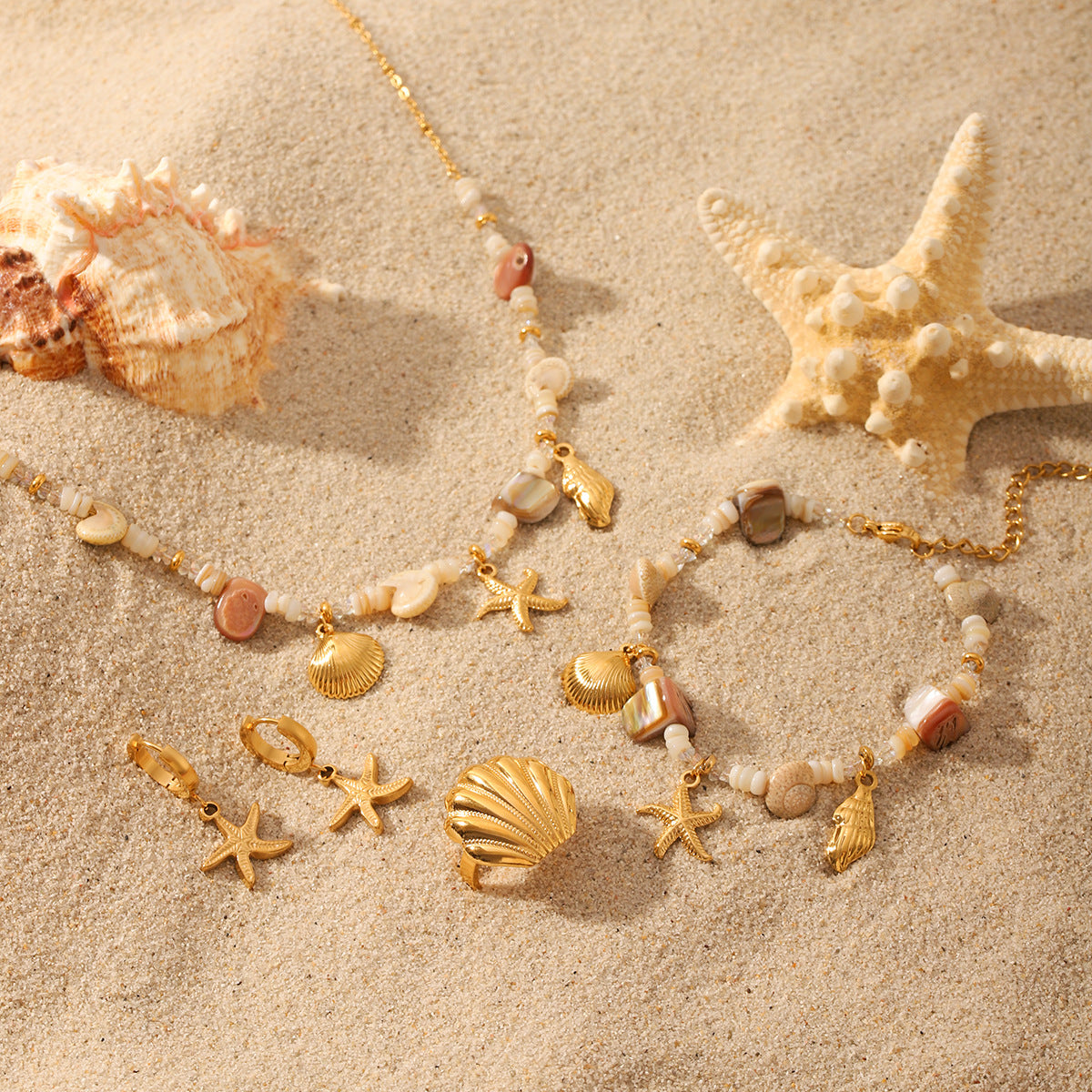 Ocean-Inspired Seashell and Starfish Pendant Necklace Set in Titanium Steel with Electroplated Stainless Steel Chain for Women