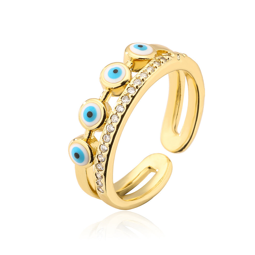Geometric Open Eye Ring for Women with Copper Base Plated in 18K Gold and Enamel Finish Featuring Evil Eye Design