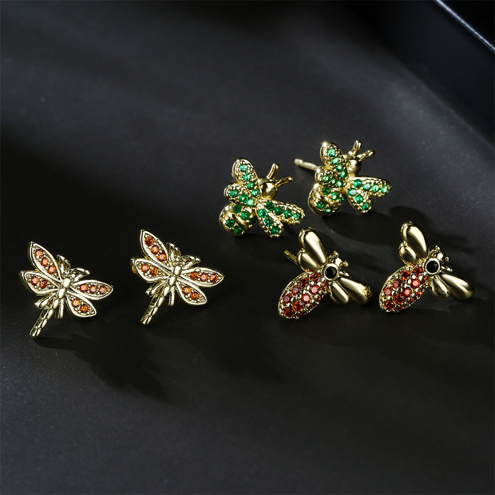 Geometric Insect Design Copper Earrings with Real Gold Plating and Zirconia Accents for Women