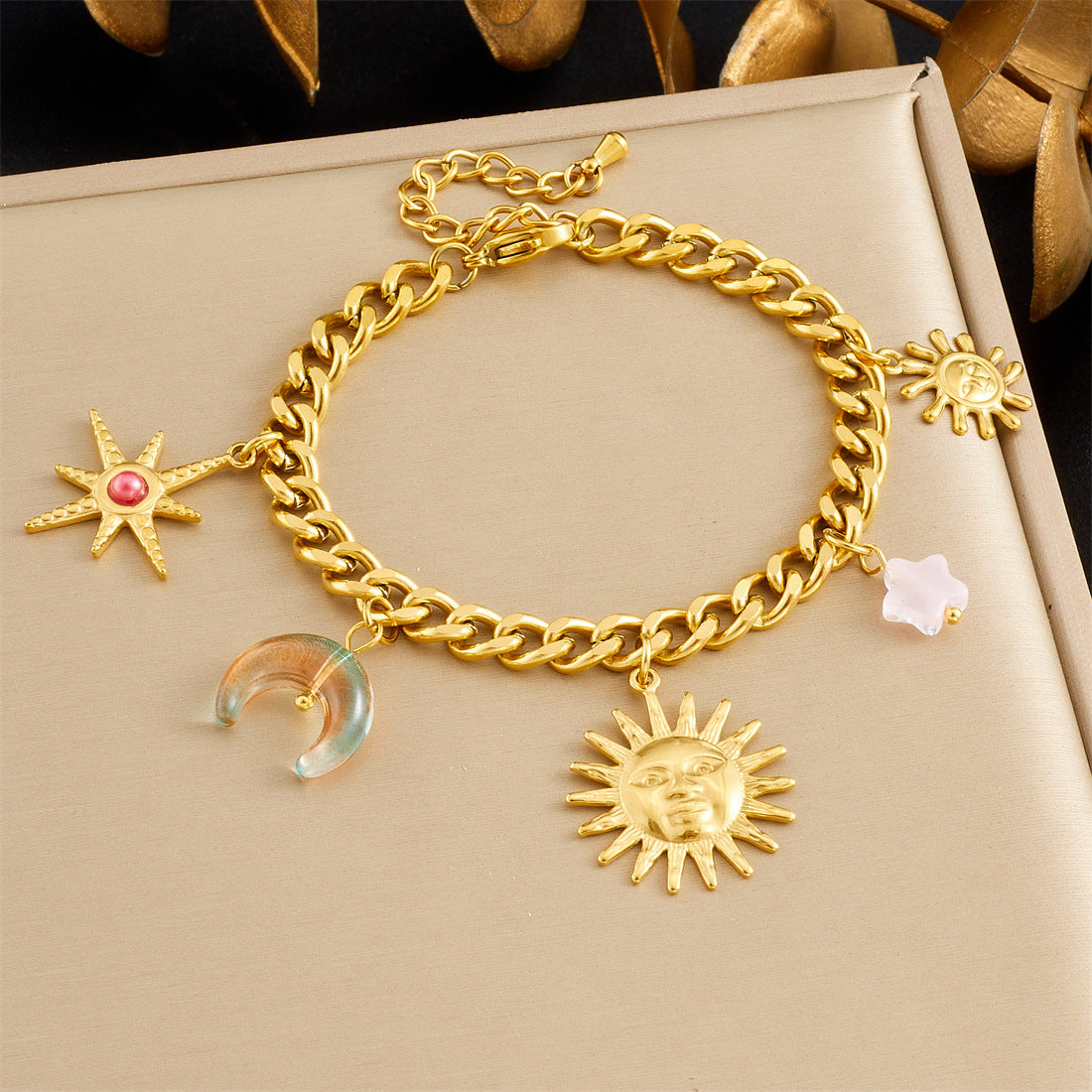 Fashion Gradient Acrylic Moon Star Flower Sun Gold Plated Stainless Steel Jewelry Set for Women