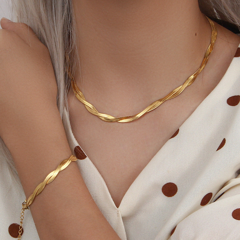 Minimalist Geometric Fishbone Collar Necklace Set with Stainless Steel Chain and Titanium Steel Pendant
