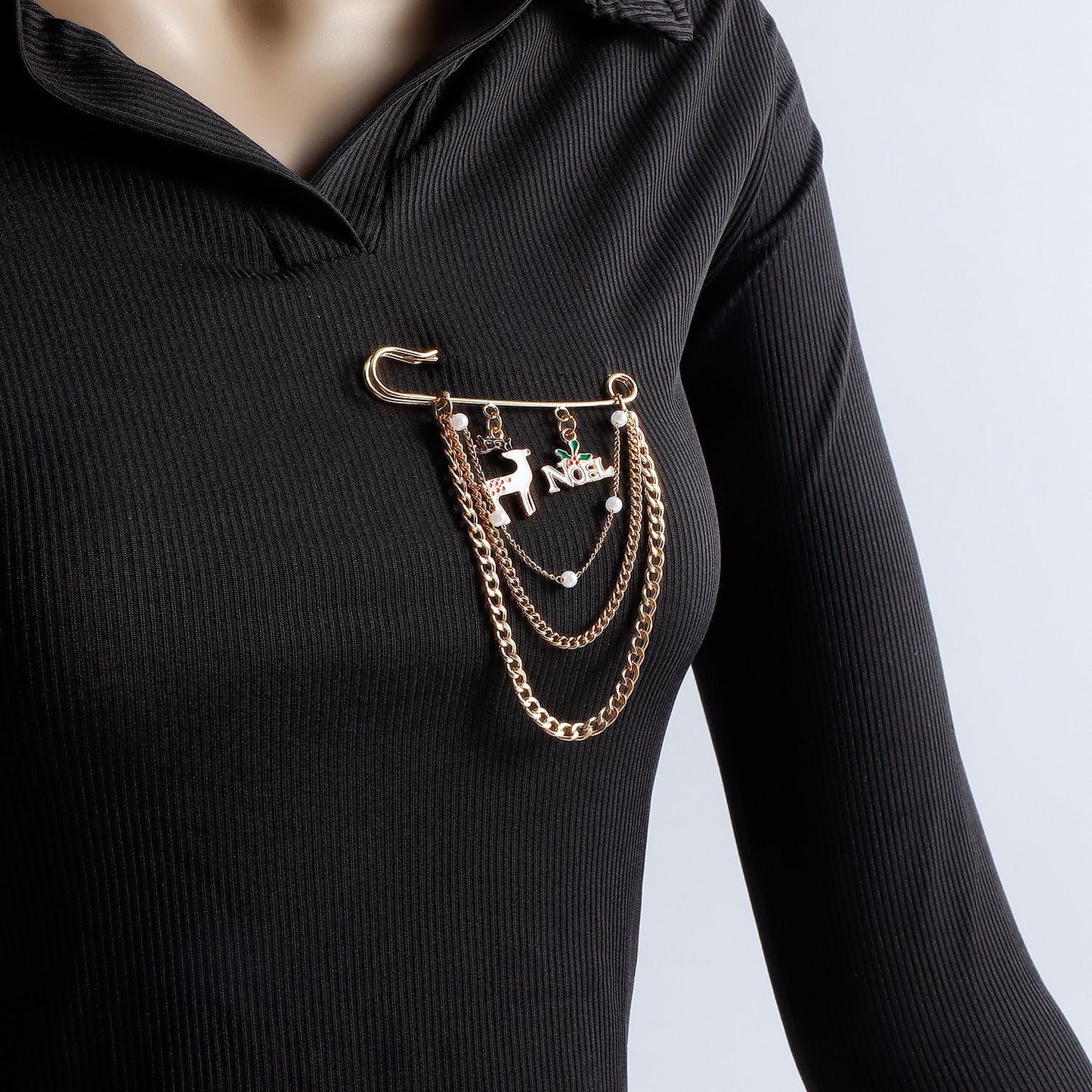 Spilla a tema natalizio con renne, pupazzo di neve, campana e forme geometriche, in lega, da donna