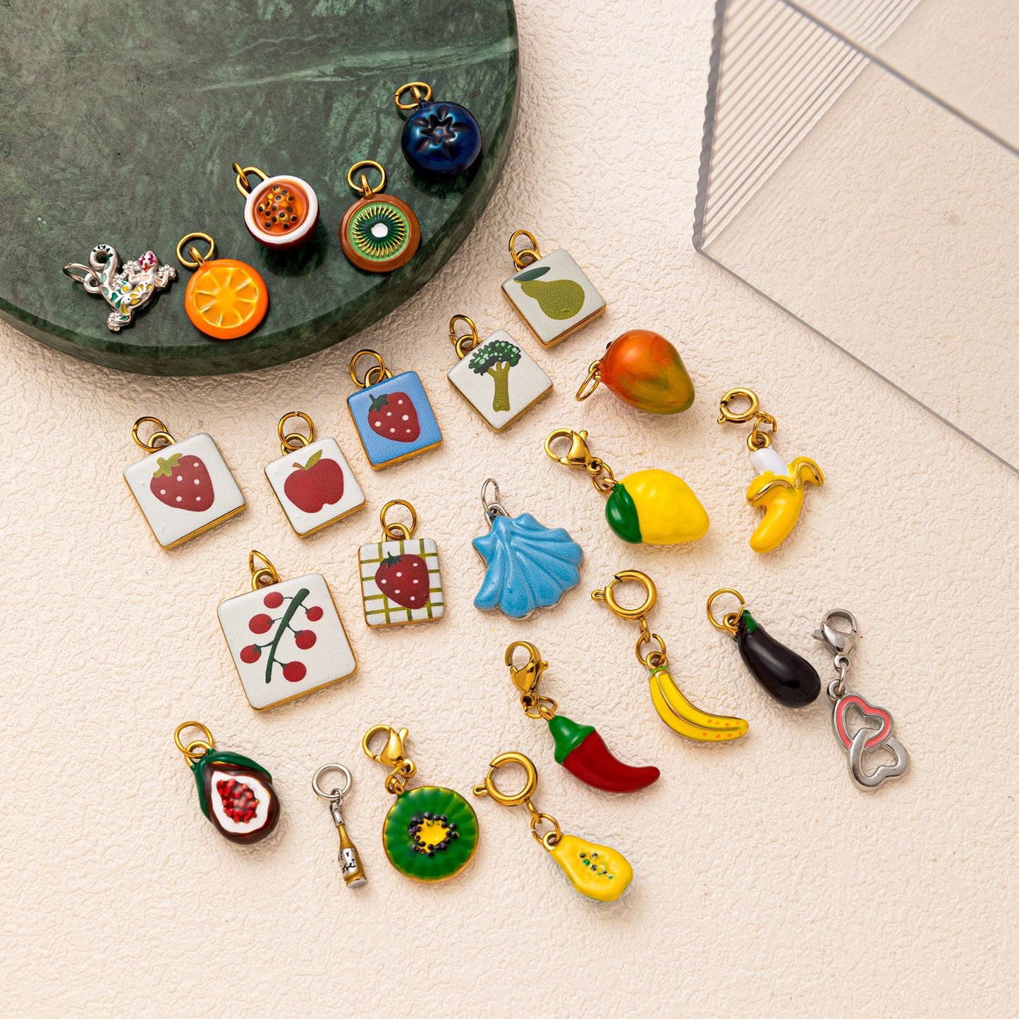 Vintage 18K Gold Plated Stainless Steel Fruit Charm Bar for Women