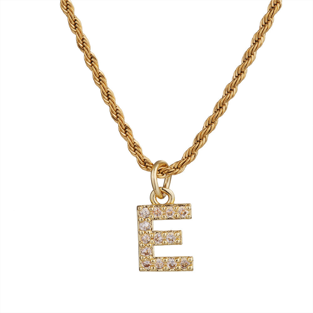 Collar con colgante de letra para mujer, minimalista, de moda, cadena trenzada de acero inoxidable con baño de oro e incrustaciones de circonita
