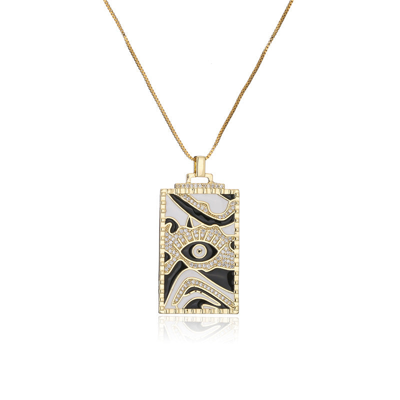 Geometric Square Brass Pendant Necklace with Micro-Inlaid Cubic Zirconia and Drip Oil Evil Eye Design on Box Chain