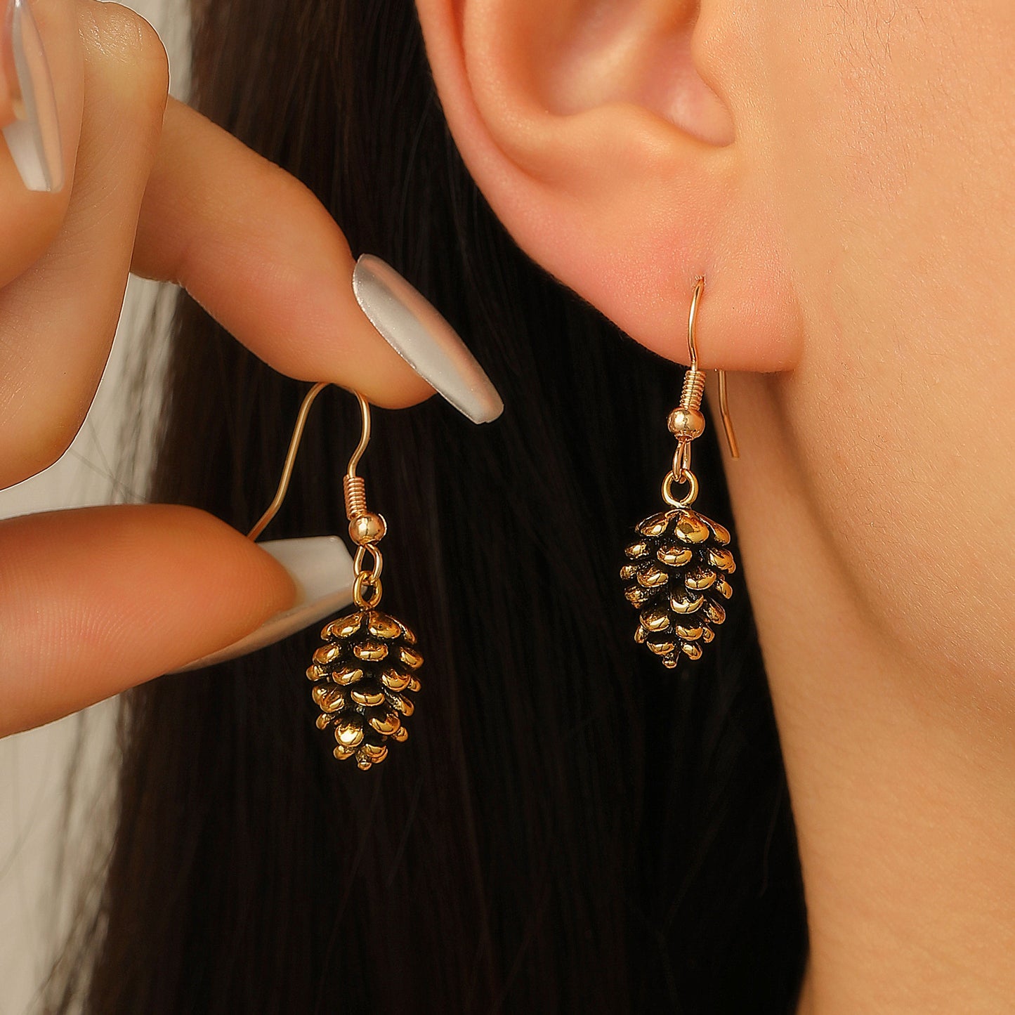 Vintage-Inspired Pine Branch and Pinecone Earrings in Alloy with Gold Plating for Women