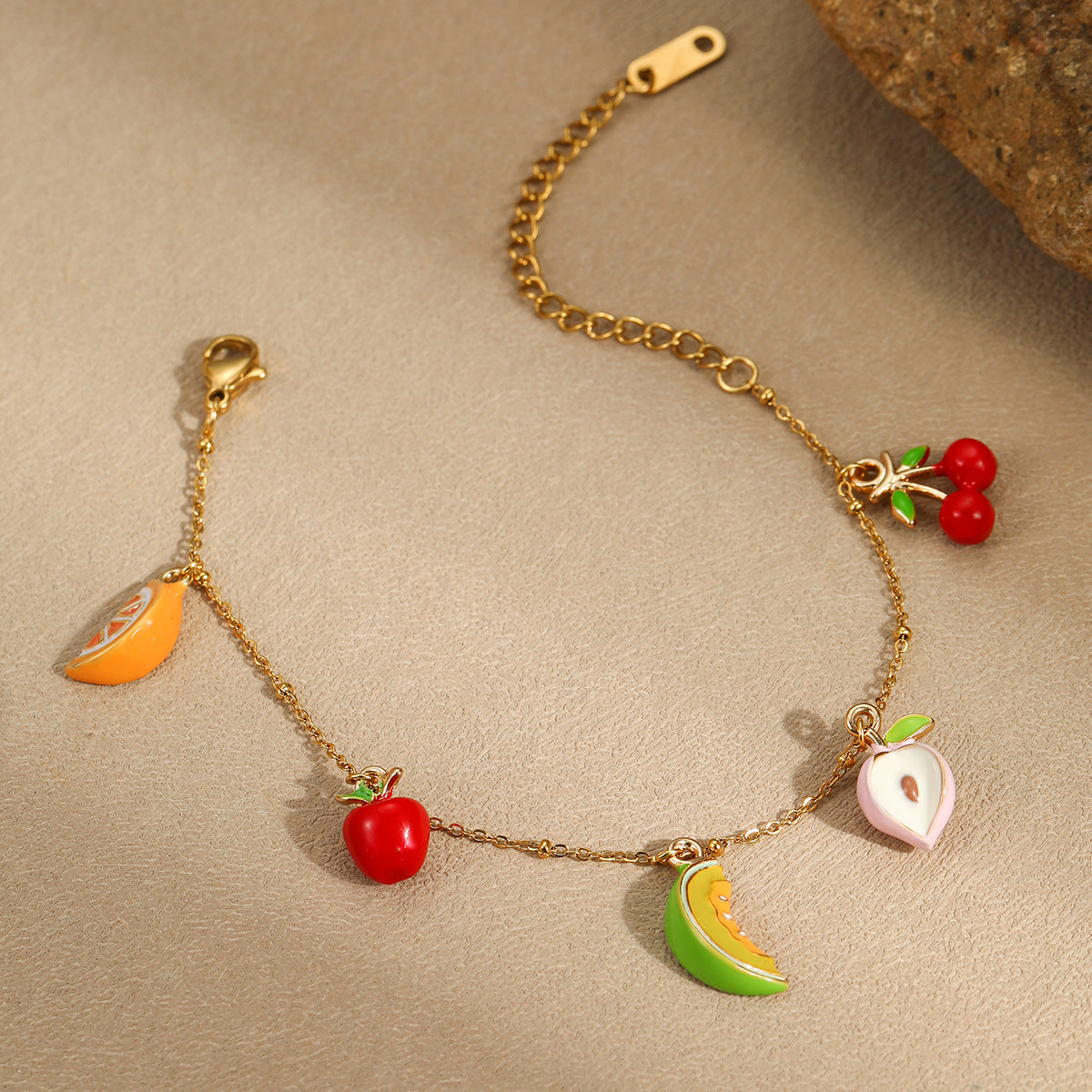 Fashionable OL Style Geometric Stainless Steel Bracelet with Cherry and Apple Fruit Motifs, Electroplated for Fade-Resistant Wear