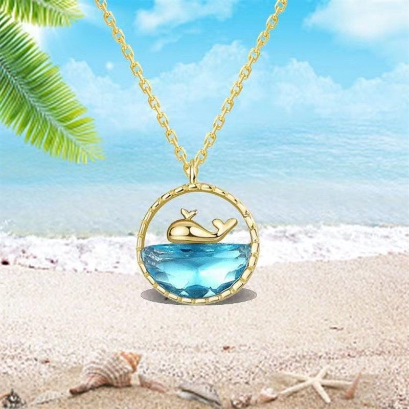 Original Design Whale and Dolphin Pendant Necklace in Titanium Steel with Gold Plating and Blue Ocean-Inspired Detail on O-Chain