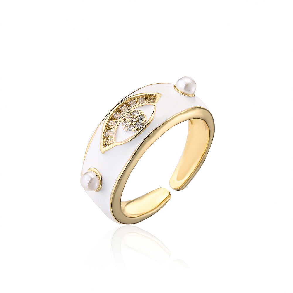 Minimalist Geometric Eye-Shaped Open Ring for Women Made of Brass with 18K Gold Plating and AAA Zircon Inlay