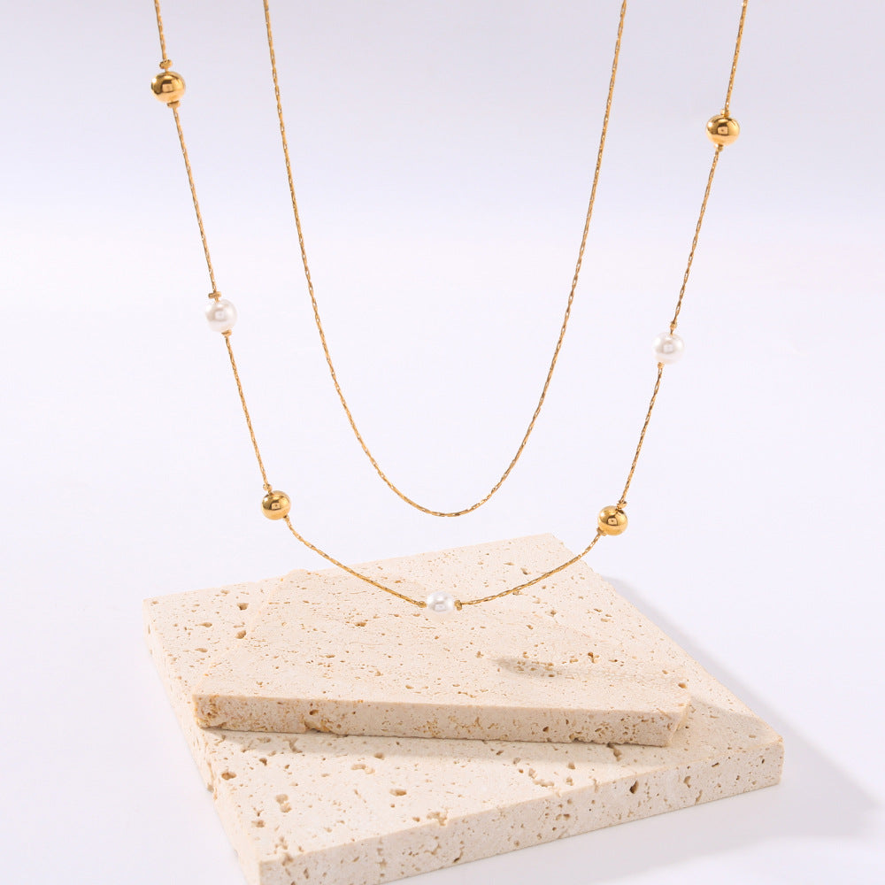 Minimalist Double-Layer Pearl Ball Necklace in Titanium Steel with 18K Gold Plating for Women