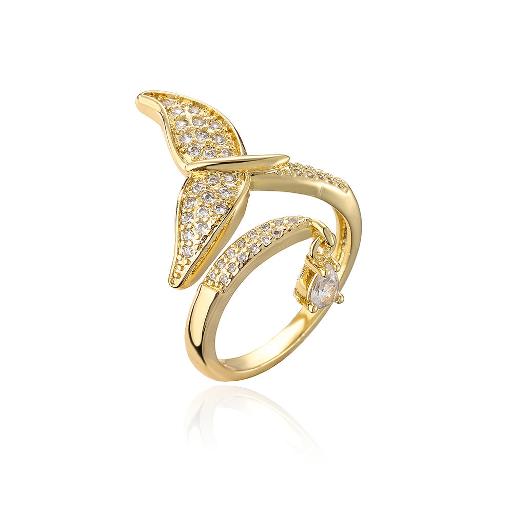Geometric Butterfly Open Ring for Women in Copper with 18K Gold Plating and Zircon Inlay