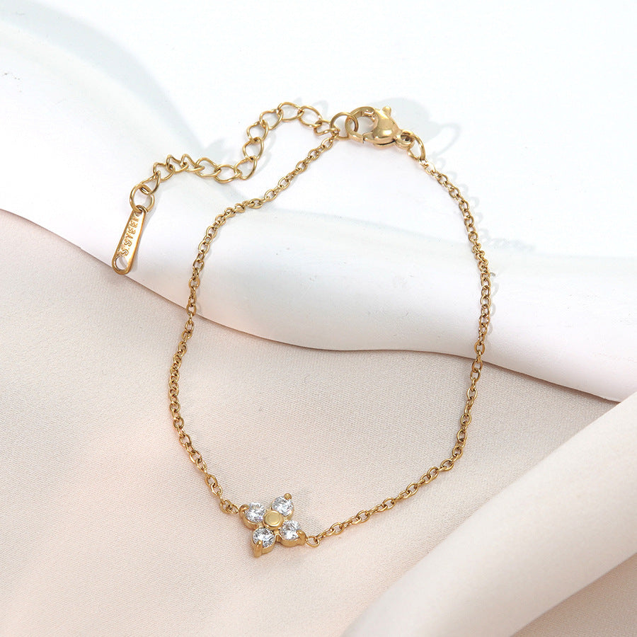 Elegant Geometric Floral Stainless Steel Plated Bracelet with Cubic Zirconia for Women