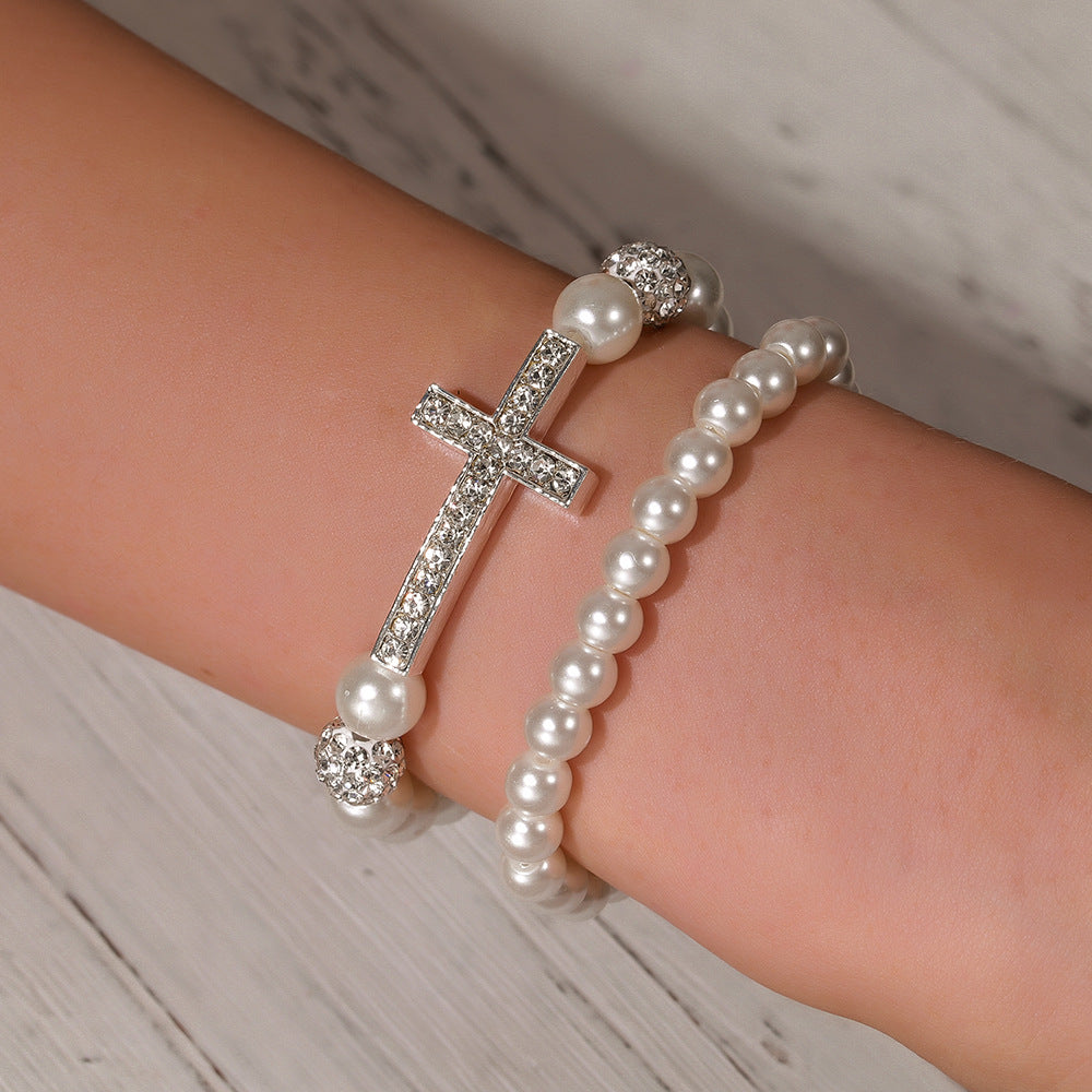 Geometric Cross Round Rhinestone Faux Pearl Alloy Bracelet Set Unisex