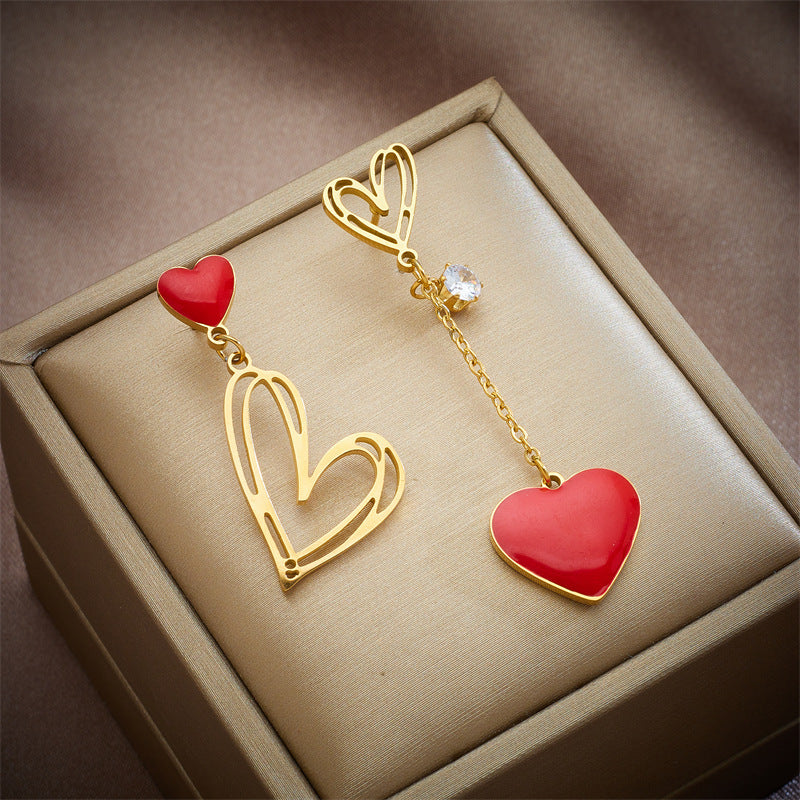 Asymmetrical Hollow Heart Titanium Steel Dangle Earrings for Women with Plated Finish