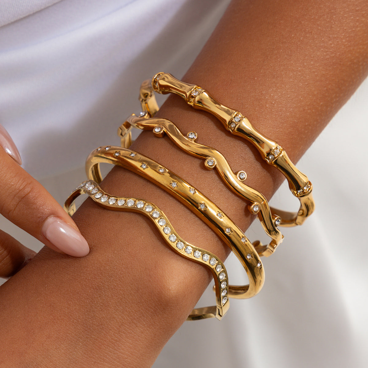 Fashion 18K Gold Plated Stainless Steel Rhinestone Inlaid Bamboo Shape Open Cuff Bracelet