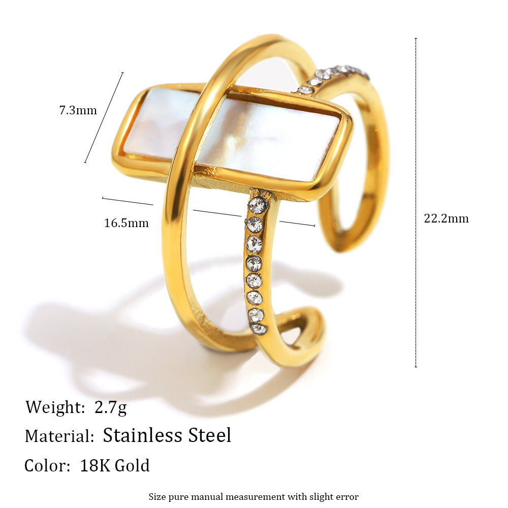 Minimalist Geometric Stainless Steel Ring with 18K Gold Plating White Abalone Inlay and Rhinestone Accents for Women