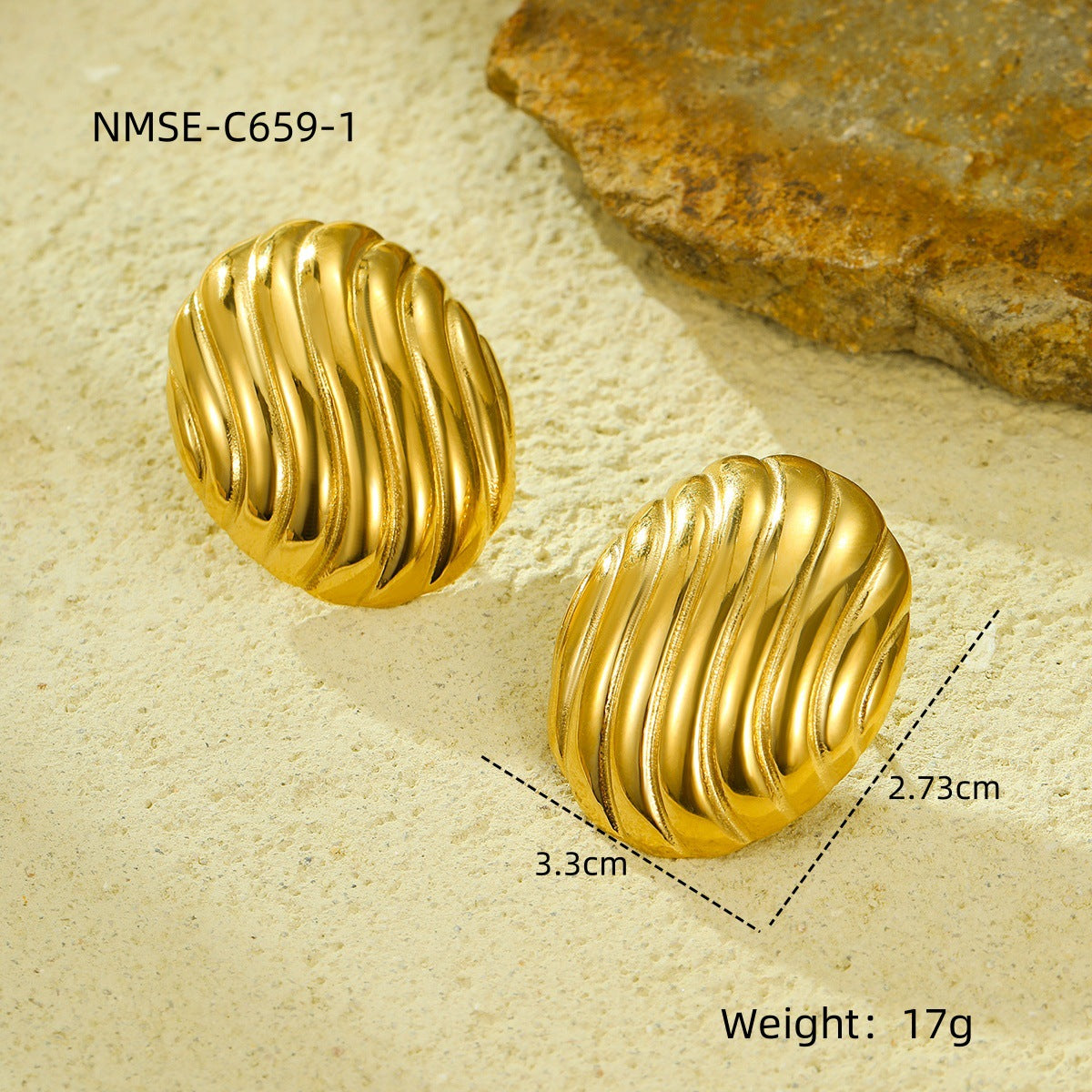 Pendientes Ovalados Roscados de Acero Inoxidable con Textura Estilo Vintage para Mujer con Baño de Oro de 18K