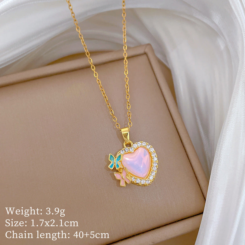 Sweet Colorful Heart Butterfly Geometric Rhinestone Pendant Titanium Steel Necklace for Unisex