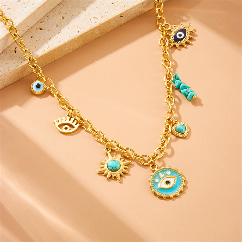 Fashion Colorful Drip Oil Flower Butterfly Eye Pendant Stainless Steel Cable Chain Necklace for Women