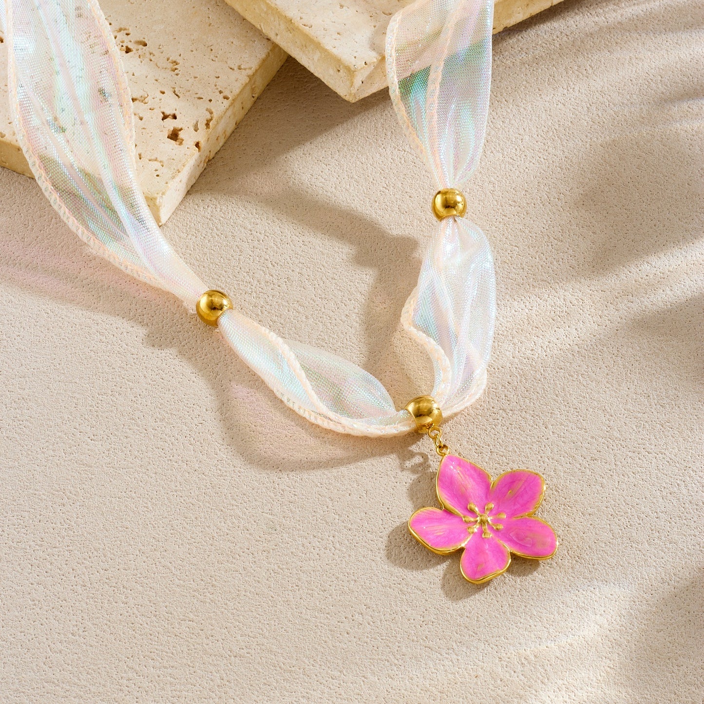 Elegant Gold Plated Stainless Steel Drip Oil Floral Ribbon Pendant Necklace for Women
