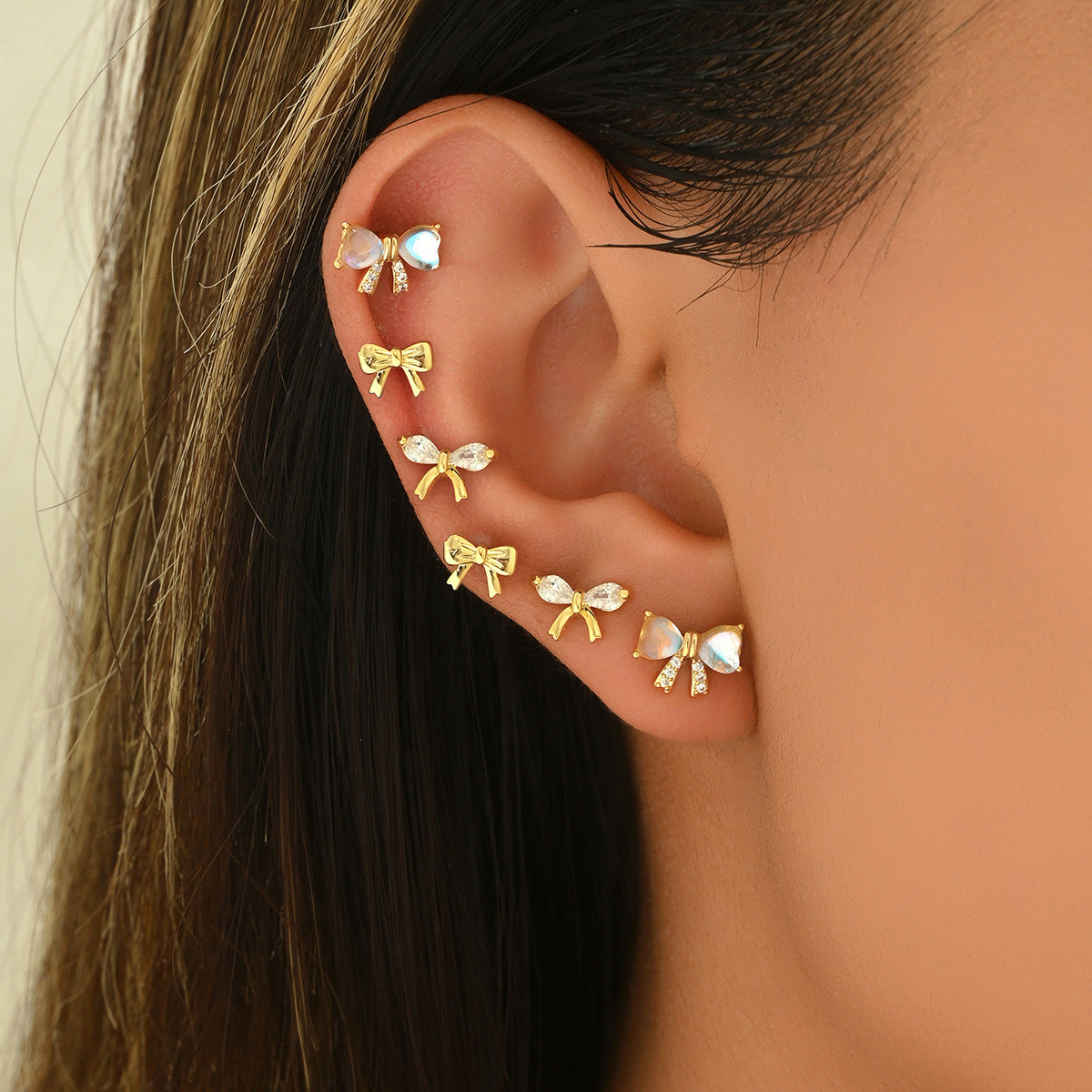 Chic Bow-Knot Shaped Zirconia Inlaid Copper Earrings Set for Women with Geometric Design and Fresh Sweet Style