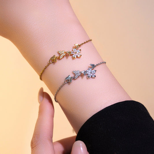 Bracciale Minimalista con Foglia Floreale in Acciaio al Titanio con Intarsi di Strass per Donna, Gioielleria di Lusso Placcata Ipoallergenica da Mano