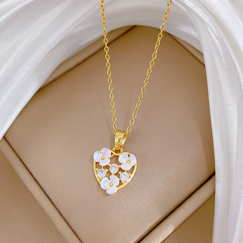 Sweet Elegant Heart Geometric Floral Cubic Zirconia Titanium Steel Necklace for Women and Men