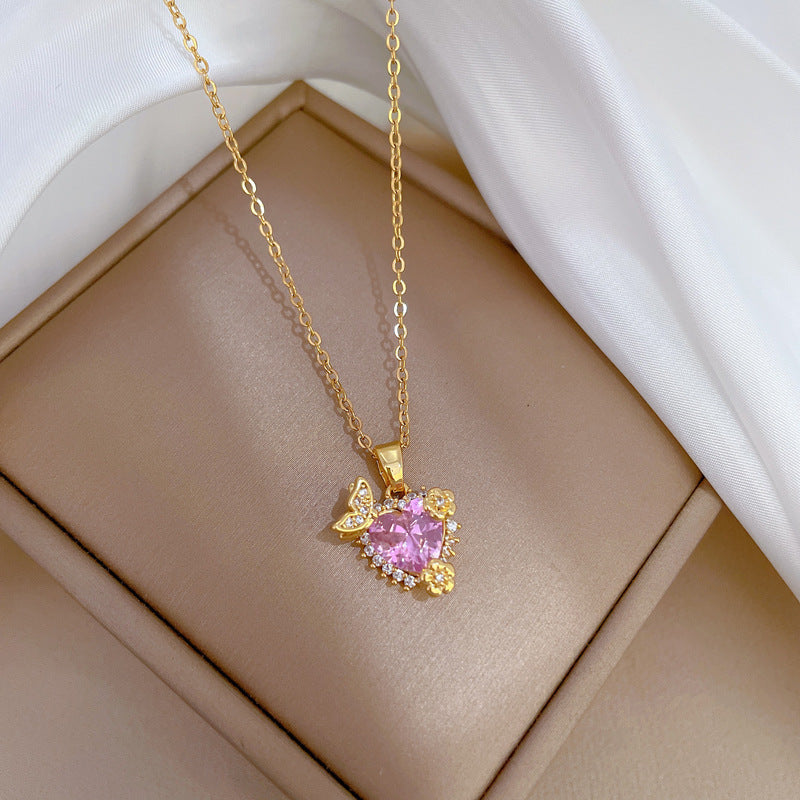 Collana in Acciaio al Titanio con Intarsi in Strass Geometrici a Cuore Dolce Minimalista di Lusso da Donna