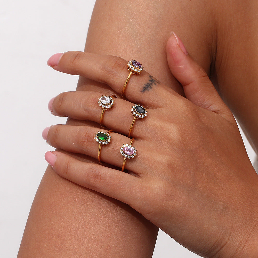Minimalist Luxe Oval-Shaped Stainless Steel Plated 18K Gold Adjustable Ring with Cubic Zirconia