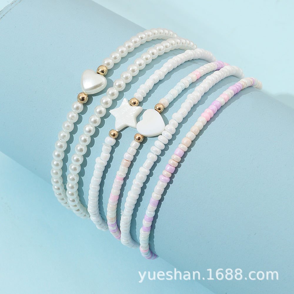 Sweet Cute Children's Heart and Star Shaped Glass Beaded Pearl Bracelet Set for Girls in Princess Style