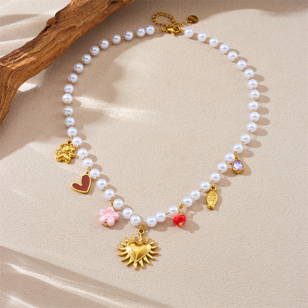 Vintage French-Style Heart-Shaped Gold-Plated Stainless Steel Pendant Necklace with Pearl Chain