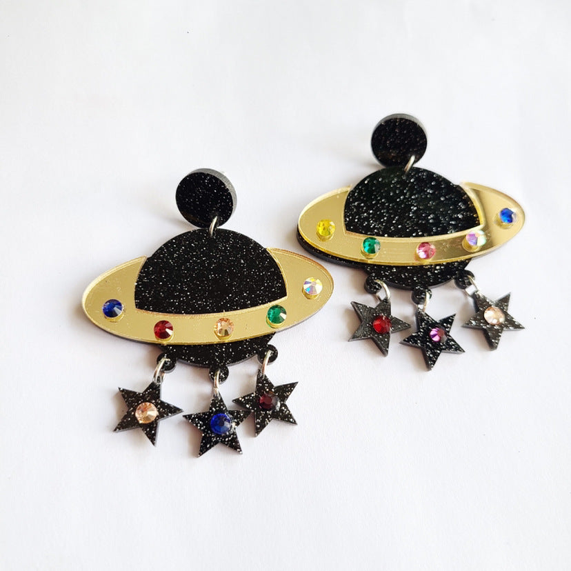 Pendientes de platillo volador alienígena OVNI con luna, estrella, vaca, gato y arco iris de acrílico extragrande para mujer con detalle cortado a láser