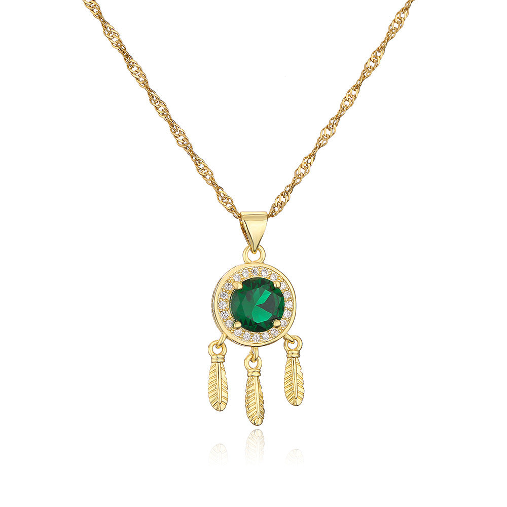 Minimalist Geometric Pendant Necklace for Women in Copper with 18K Gold Plating and Green Zirconia