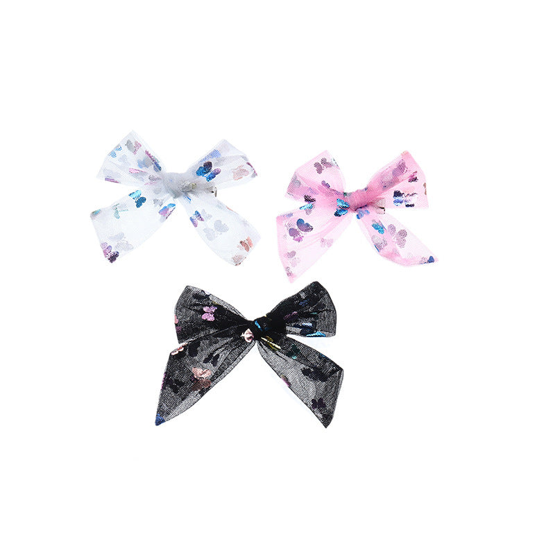 Cartoon Bowknot Hair Clip Set for Kids with Sequins and Tulle Butterfly Design Duckbill Clips