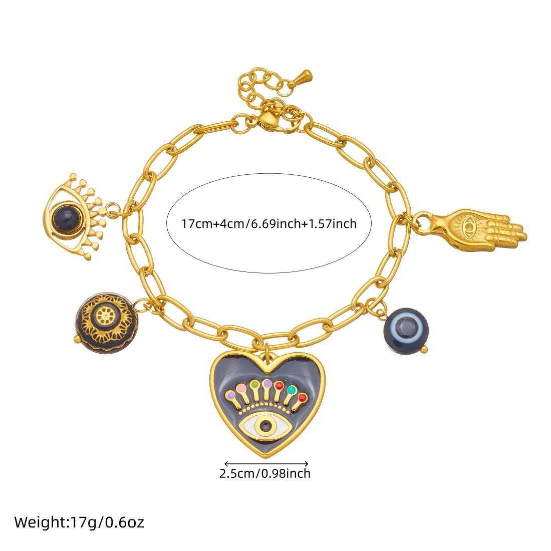Gothic Drip Oil Plated Stainless Steel Heart and Round Eye Palm Pendant Jewelry Set with Curb Chain
