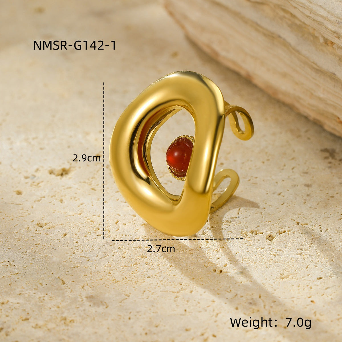 Anillo minimalista de acero de titanio geométrico con baño de oro de 18 quilates e incrustaciones de piedra natural para mujer